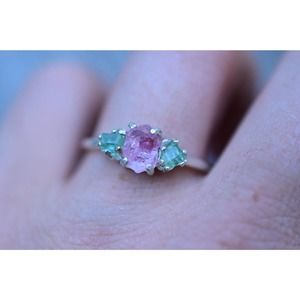 Emerald and pink tourmaline engagement ring, anniversary rings, uncut na…
